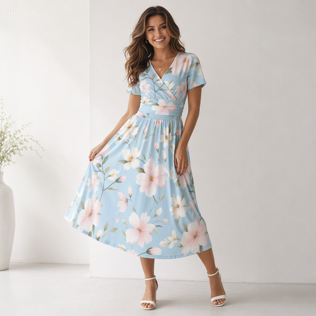 Pastel Blue Floral V-Neck Midi Dress