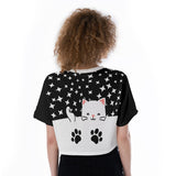 Cat Print Crop Top – Kawaii Star Pattern Short Sleeve T-Shirt
