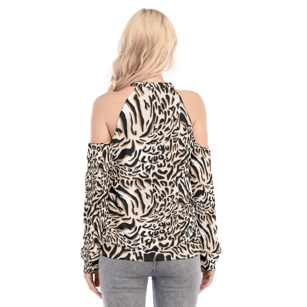 Leopard Cold Shoulder Sweatshirt – Animal Print High Neck Top for Women
