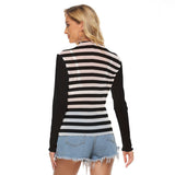 Black and White Striped Mesh Top – Women’s Butterfly Heart Long Sleeve
