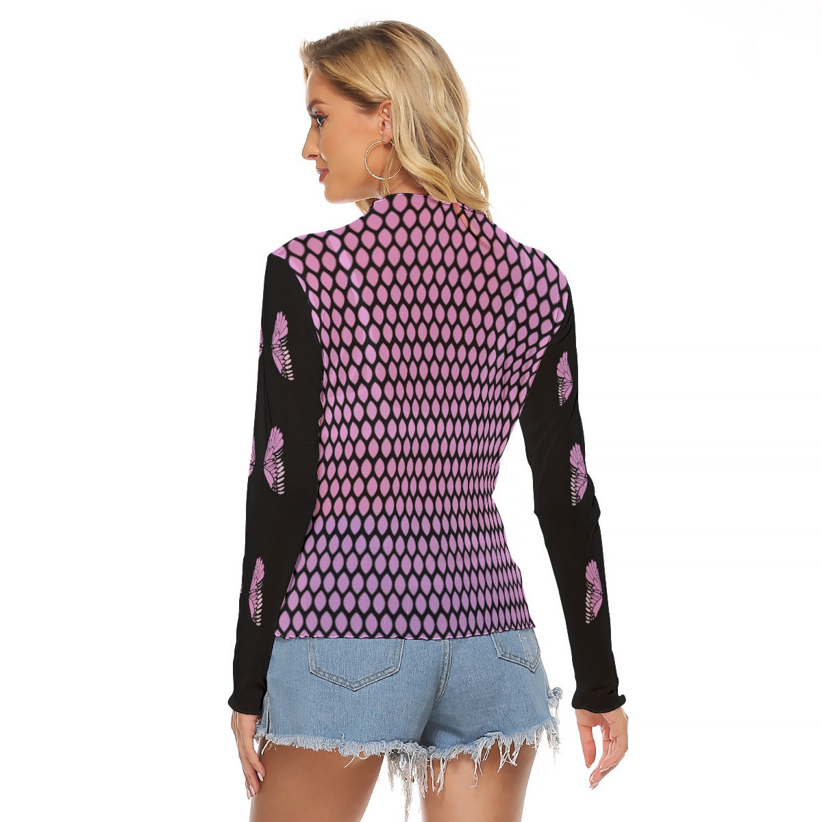 Kawaii Heaven Women's Honeycomb Butterfly Mesh Crop Top - Sexy Pink Long Sleeve Shirt