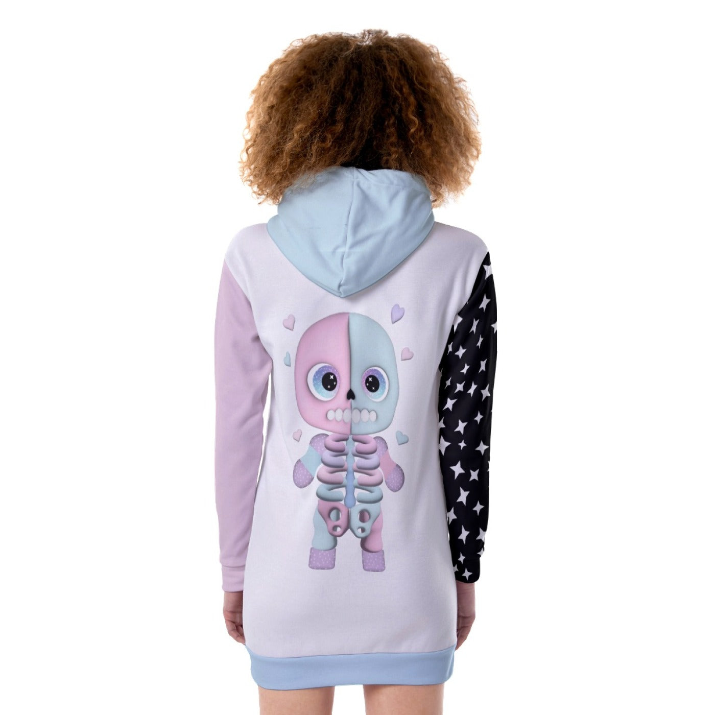 Kawaii Heaven Women's Heavy Fleece Long Hoodie with Pastel Skeleton & Star Print