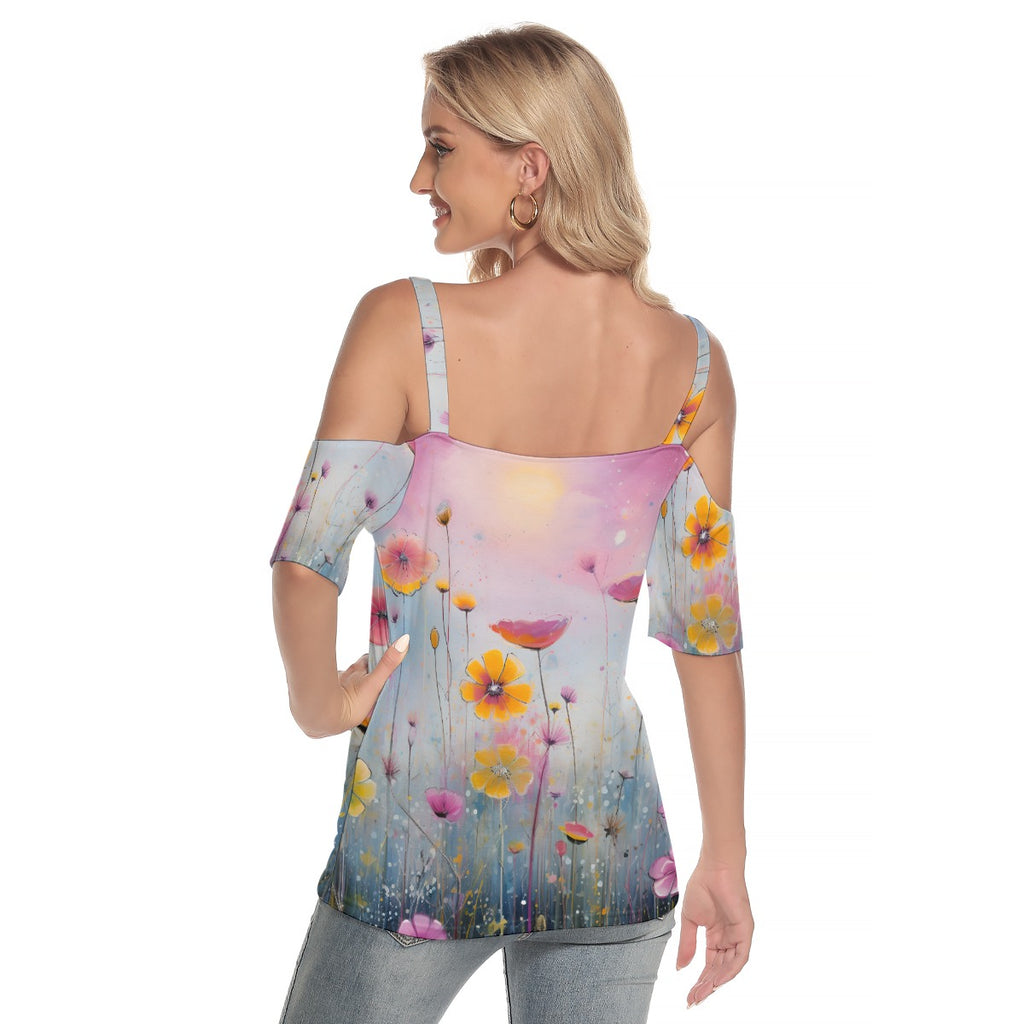 Kawaii Heaven Women's Floral Cold Shoulder Criss-Cross Tee - Summer Boho Top