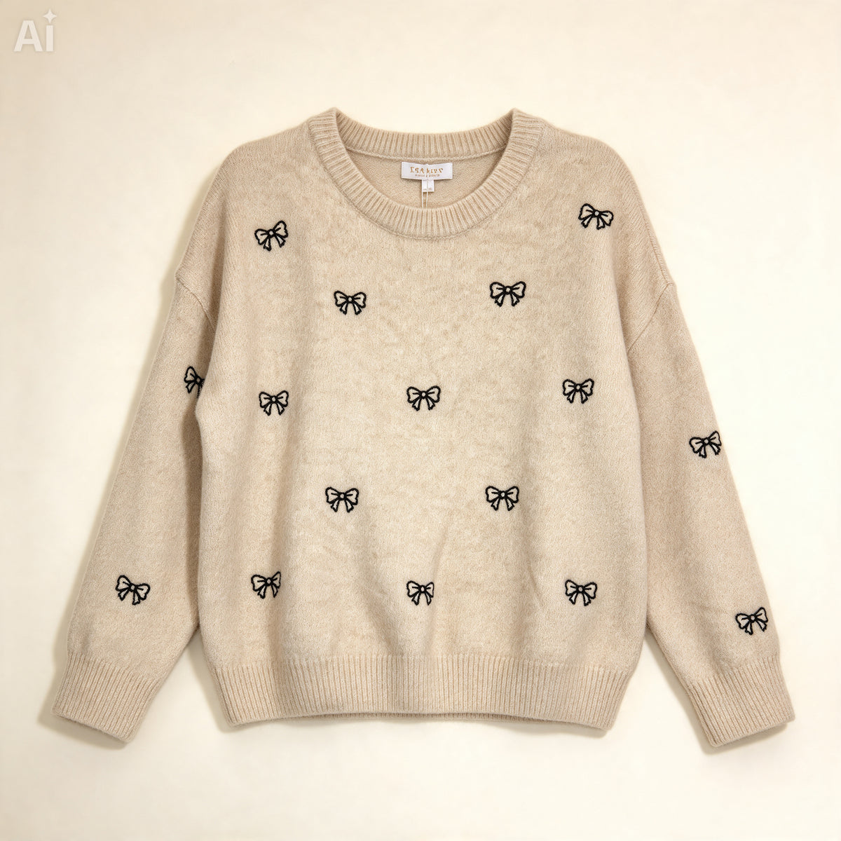 Cream Bow Knit Sweater – Fluffy Coquette Pullover with Black Embroidered Bows