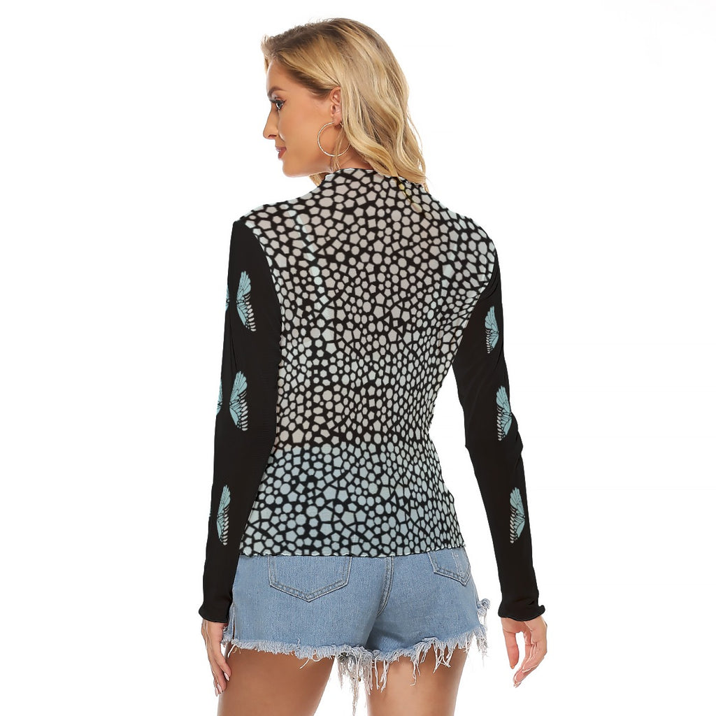 Blue Butterfly Mesh Crop Top - Long Sleeve Sheer Shirt for Women