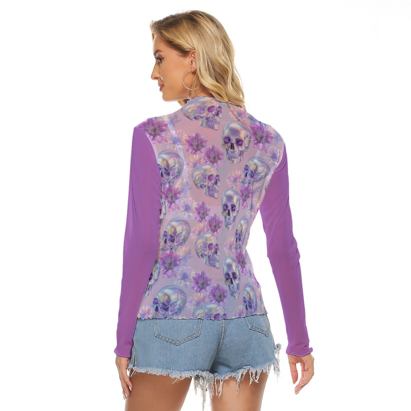 Purple Butterfly Skull Mesh Top – Gothic Fairycore Long Sleeve Shirt