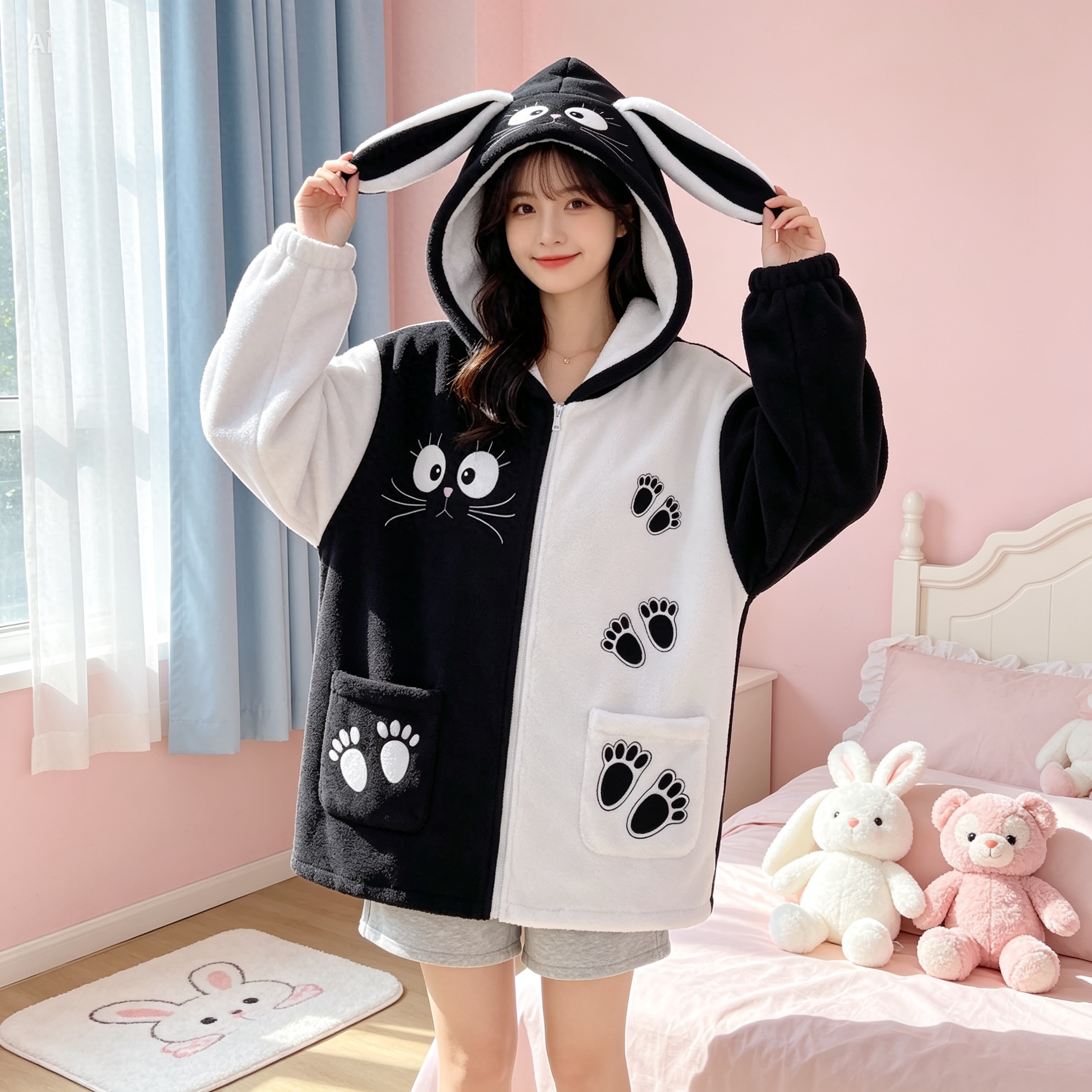 Kawaii Cat Bunny Ear Hoodie – Black and White Fleece Zip Up Jacket