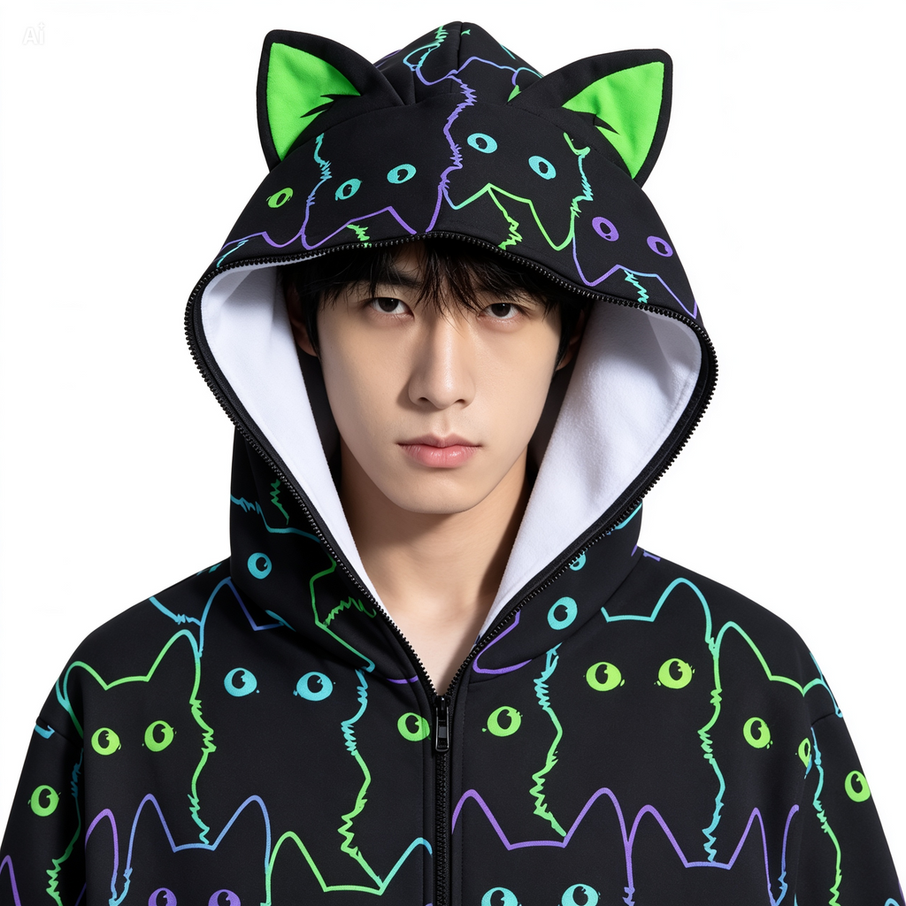 Neon Cat Print Zip-Up Hoodie with Cat Ears - Black Unisex Scuba Hooded Jacket