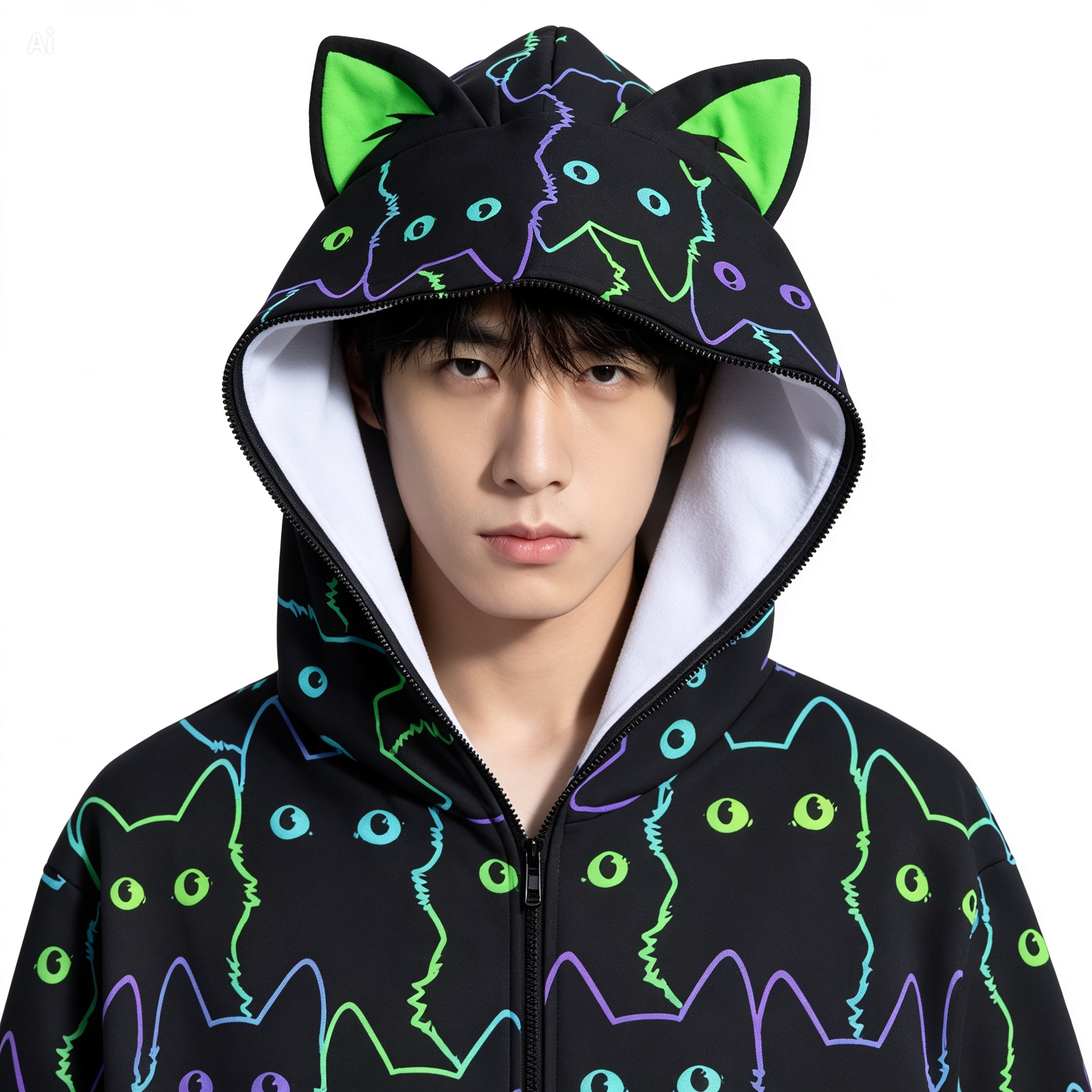 Neon Cat Print Zip-Up Hoodie with Cat Ears - Black Unisex Scuba Hooded Jacket