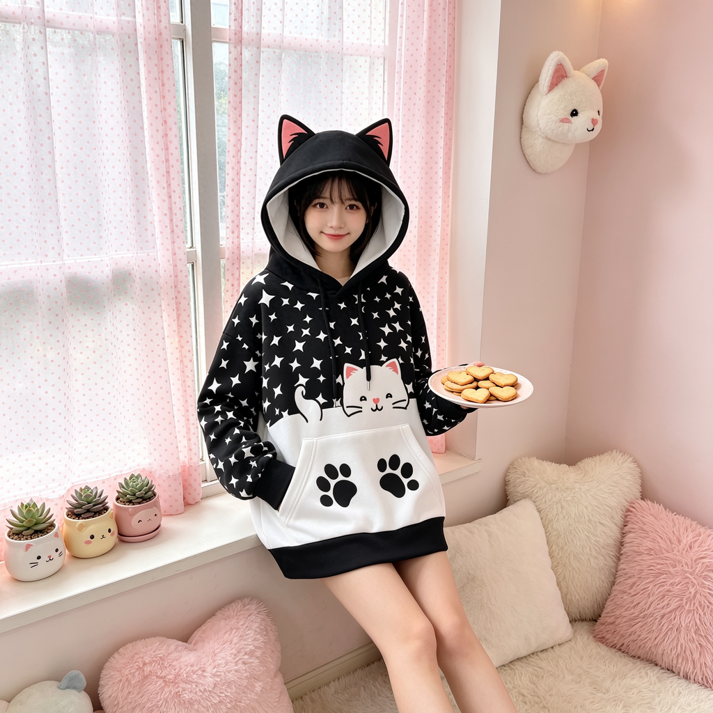 Cat Ear Hoodie – Kawaii Star Print Pullover with Paw Pocket