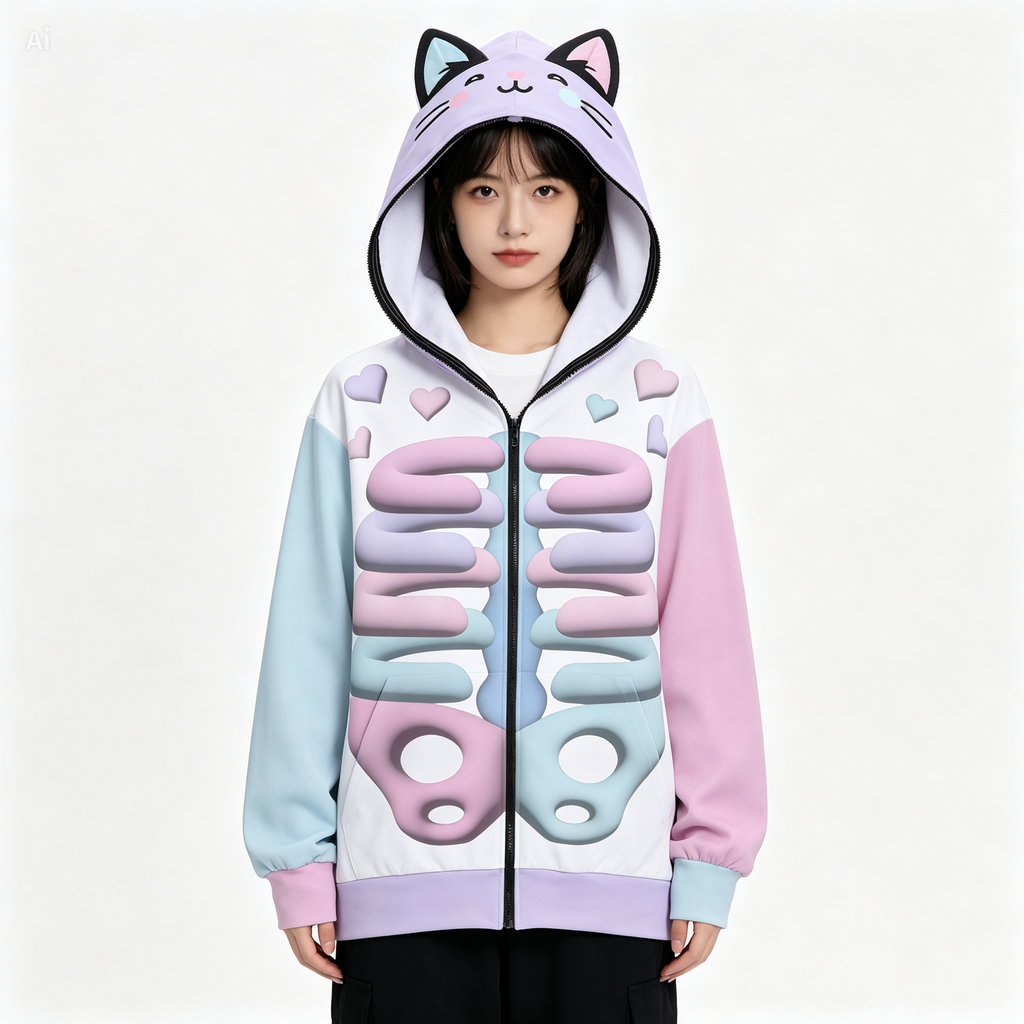 Kawaii Heaven Unisex Zip Up Hoodie with Cat Ears Pastel Skeleton Print
