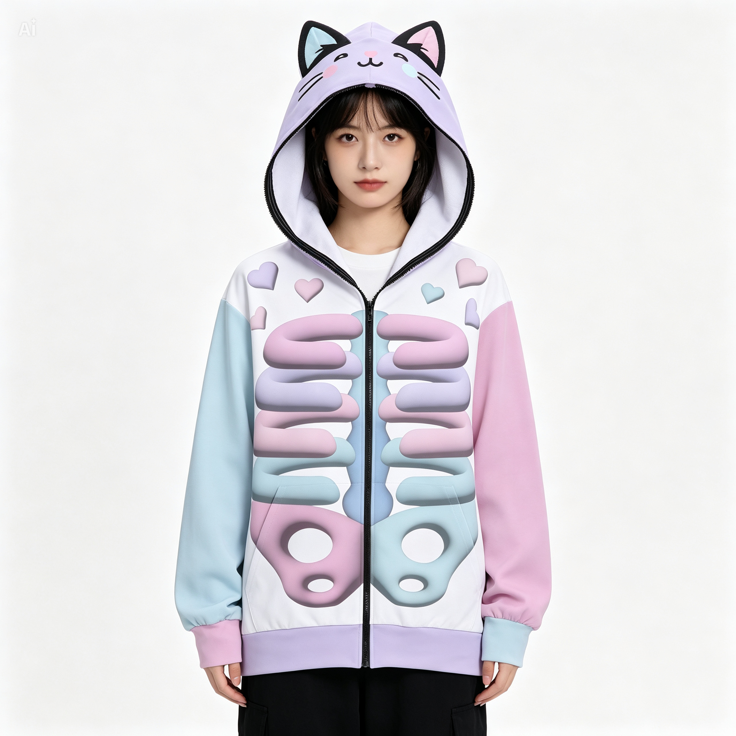 Kawaii Heaven Unisex Zip Up Hoodie with Cat Ears Pastel Skeleton Print