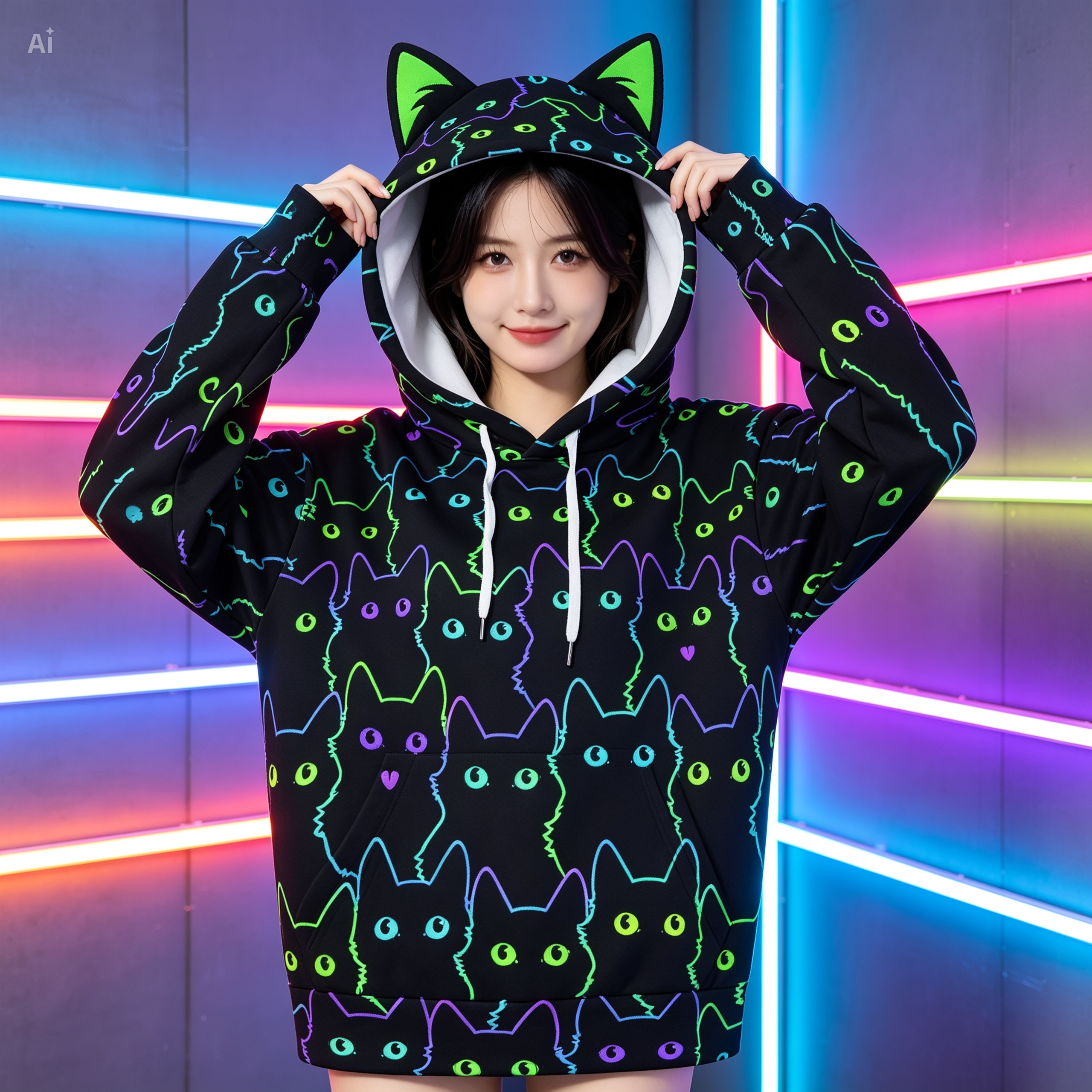 Neon Cat Print Hoodie for Women with Decorative Cat Ears - Black Scuba Pullover Sweatshirt