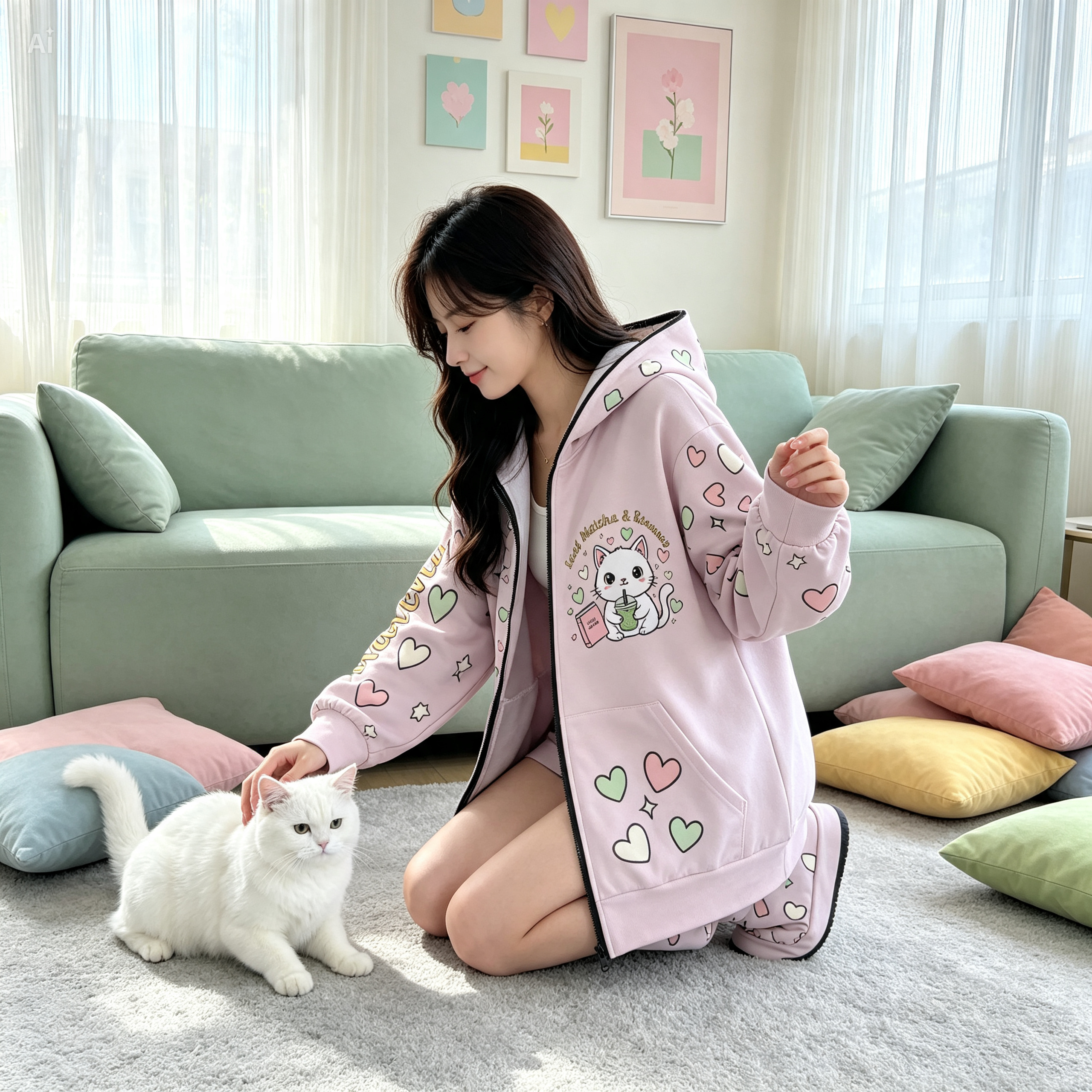 Matcha Reading Cat Ear Zip-Up Hoodie