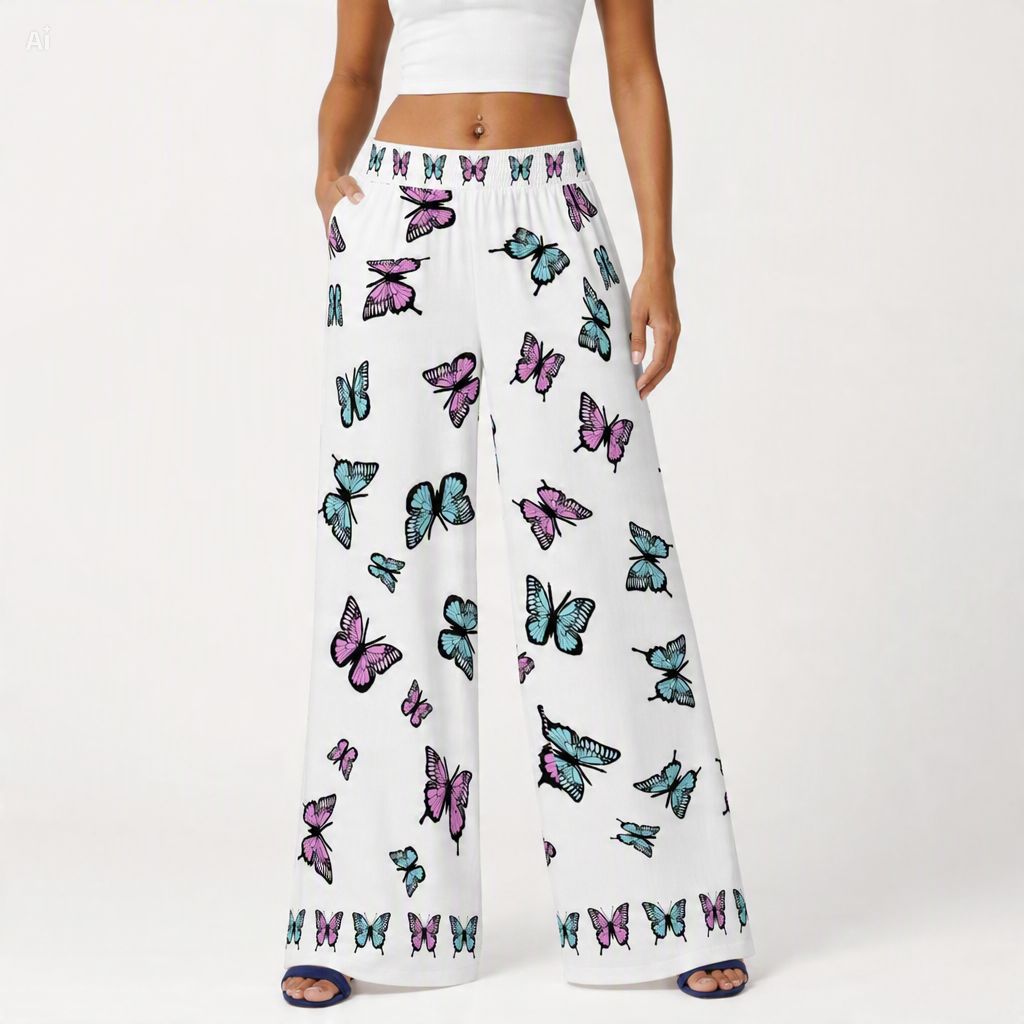 Pastel Butterfly Wide-Leg Palazzo Pants | 100% Rayon