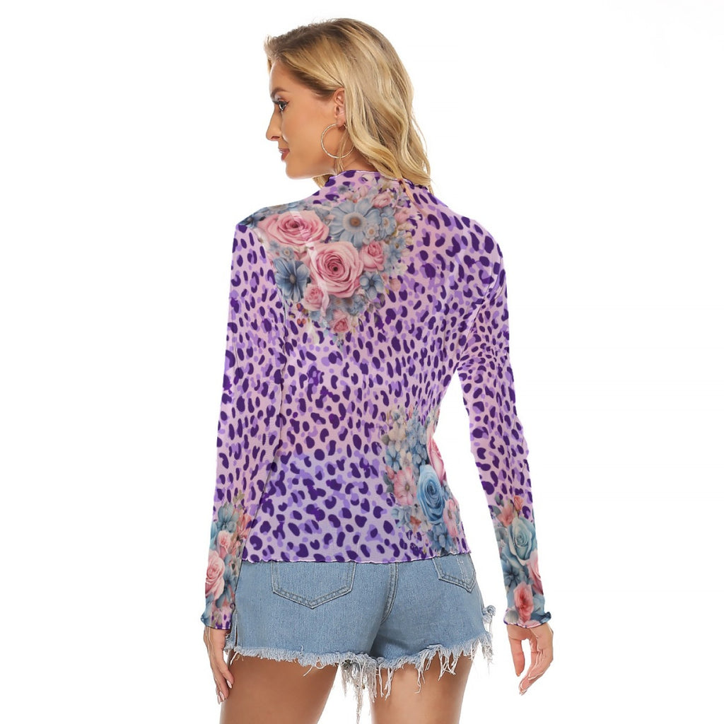 Purple Leopard Floral Mesh Long-Sleeve Top