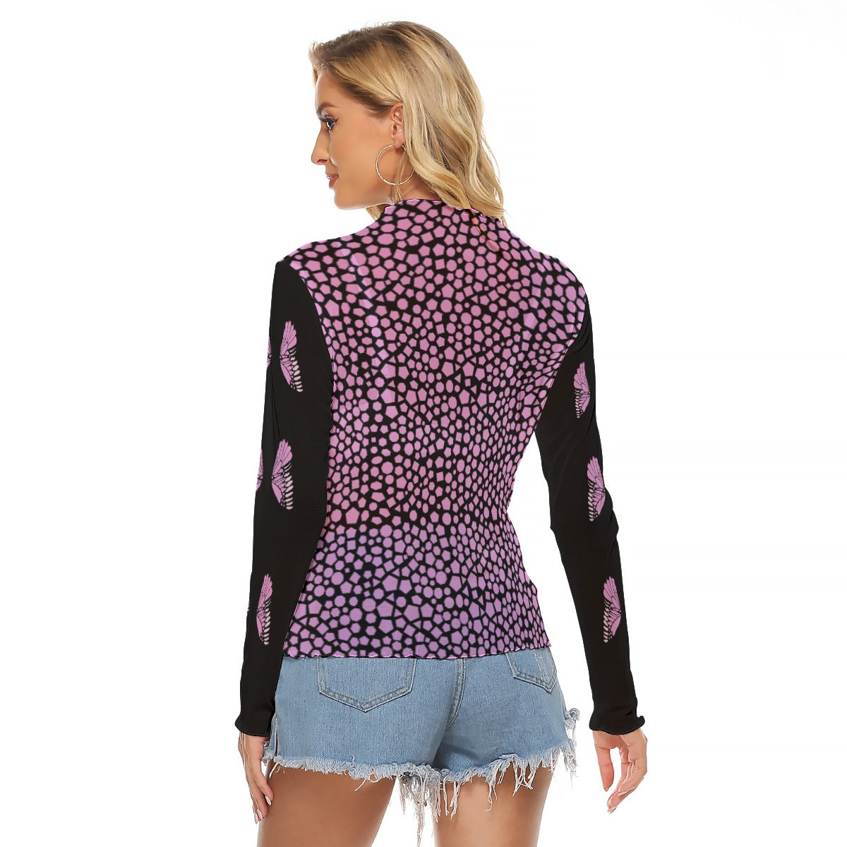 Kawaii Heaven Women's Mesh T-shirt - Pink Butterfly Mosaic Long Sleeve Crop Top