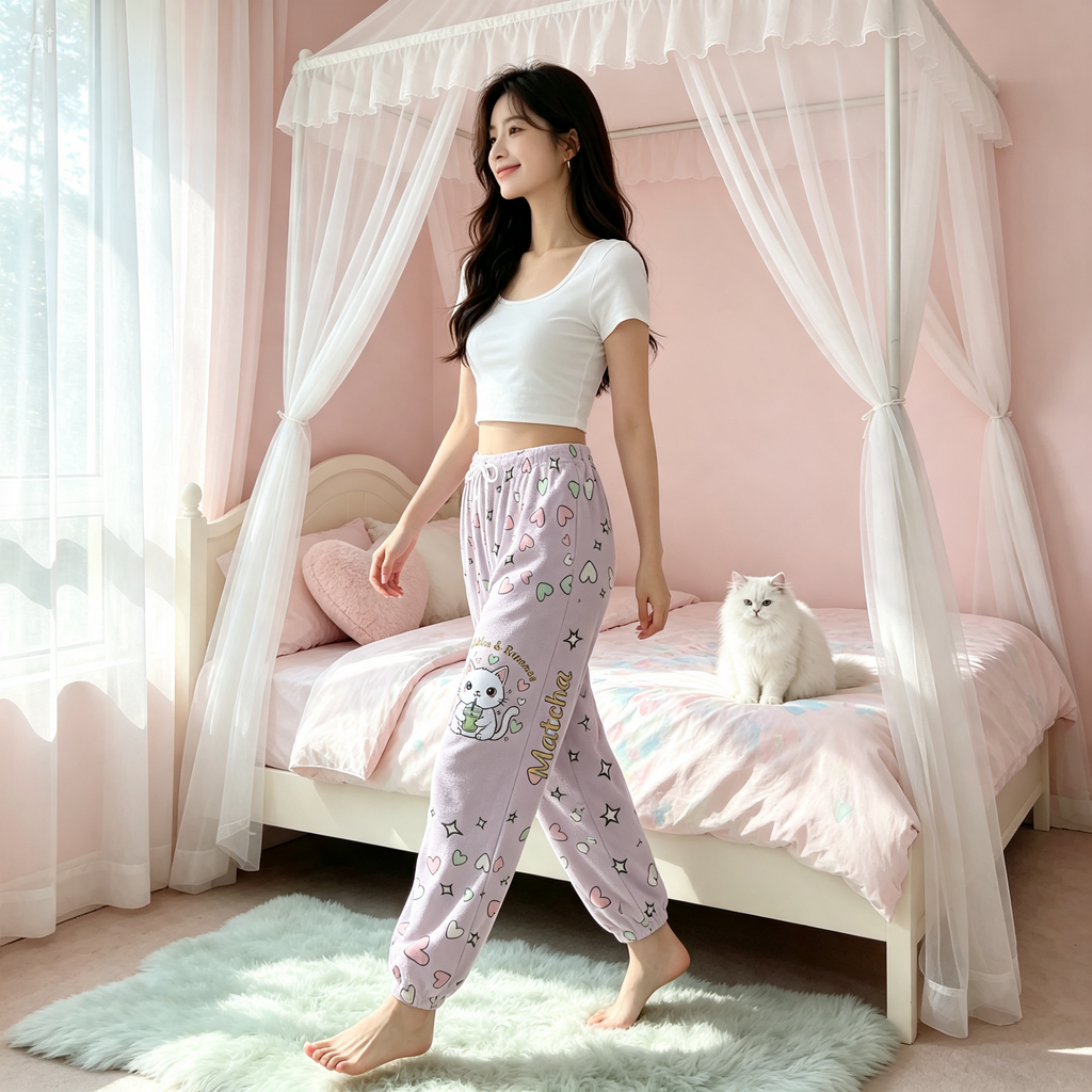 Matcha Reading Cat Plush Jogger Pants