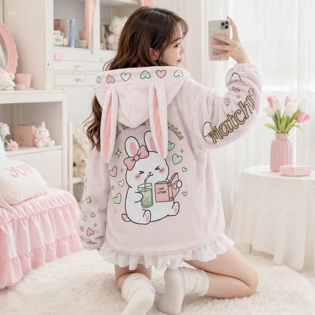 Iced Matcha Bunny Plush Pajama Hoodie