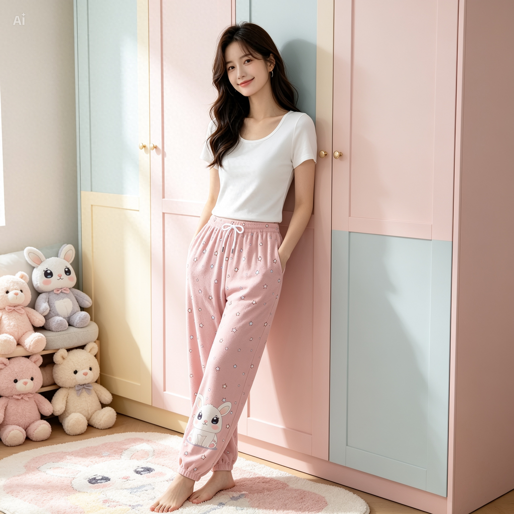 Kawaii Bunny Fleece Joggers – Cute Pink Star Lounge Pants