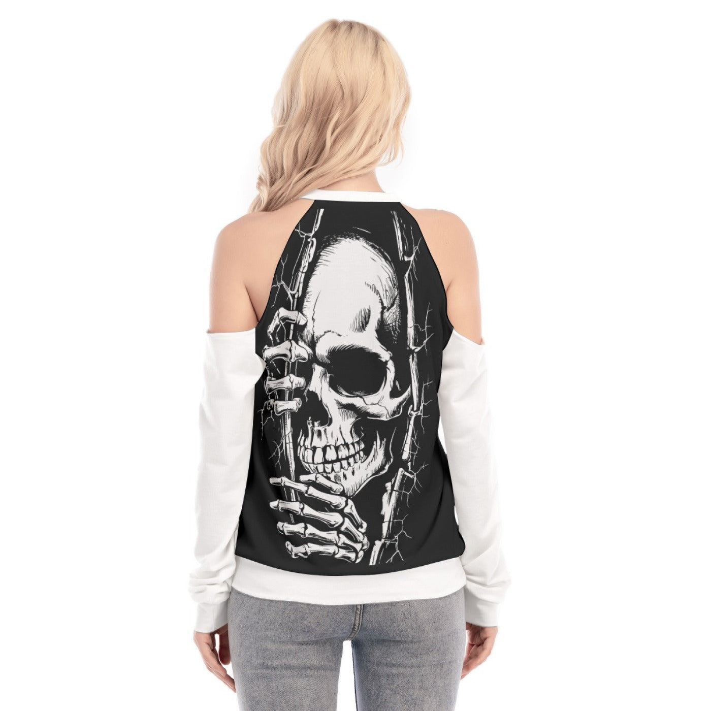 Women's Gothic Skull Cold Shoulder Sweatshirt – Cut-Out Long Sleeve Top