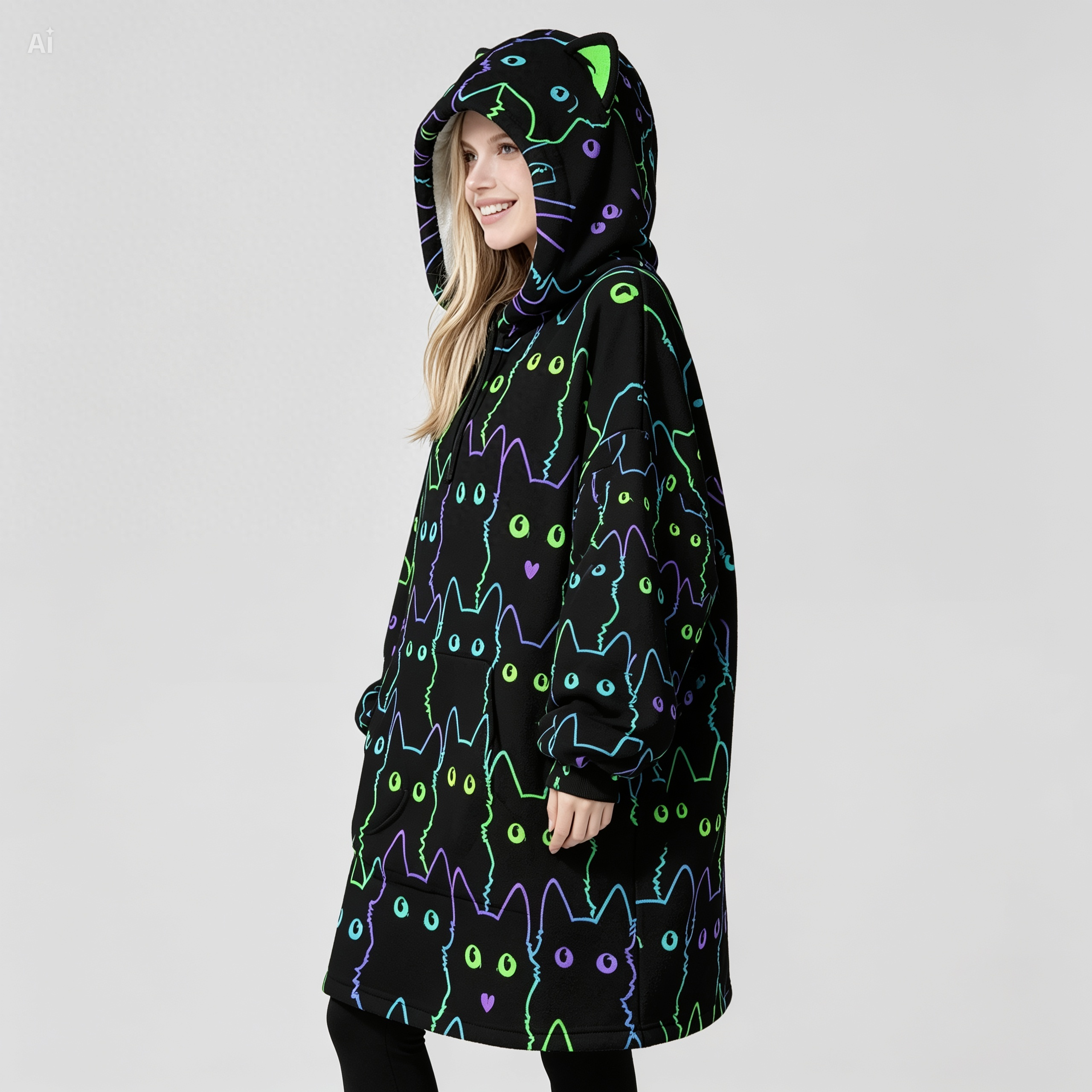 Neon Cat Oversized Fleece Blanket Hoodie