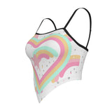 Women's Rainbow Heart Print Pastel Cami Tube Top – Sexy Wrap-Up Crop Tank with Spaghetti Straps & Black Edging