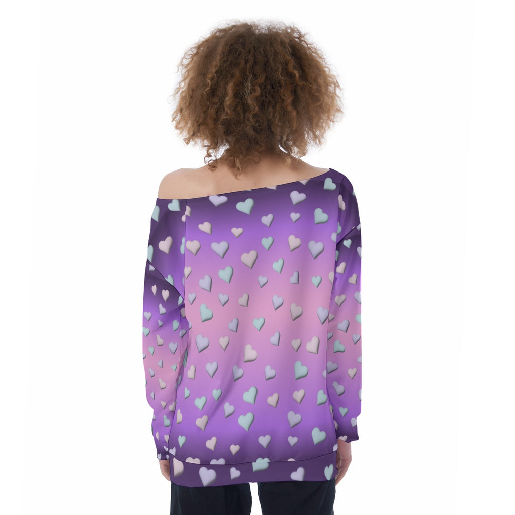 Pastel Gradient Heart Off-Shoulder Sweatshirt – Kawaii Women’s Pullover