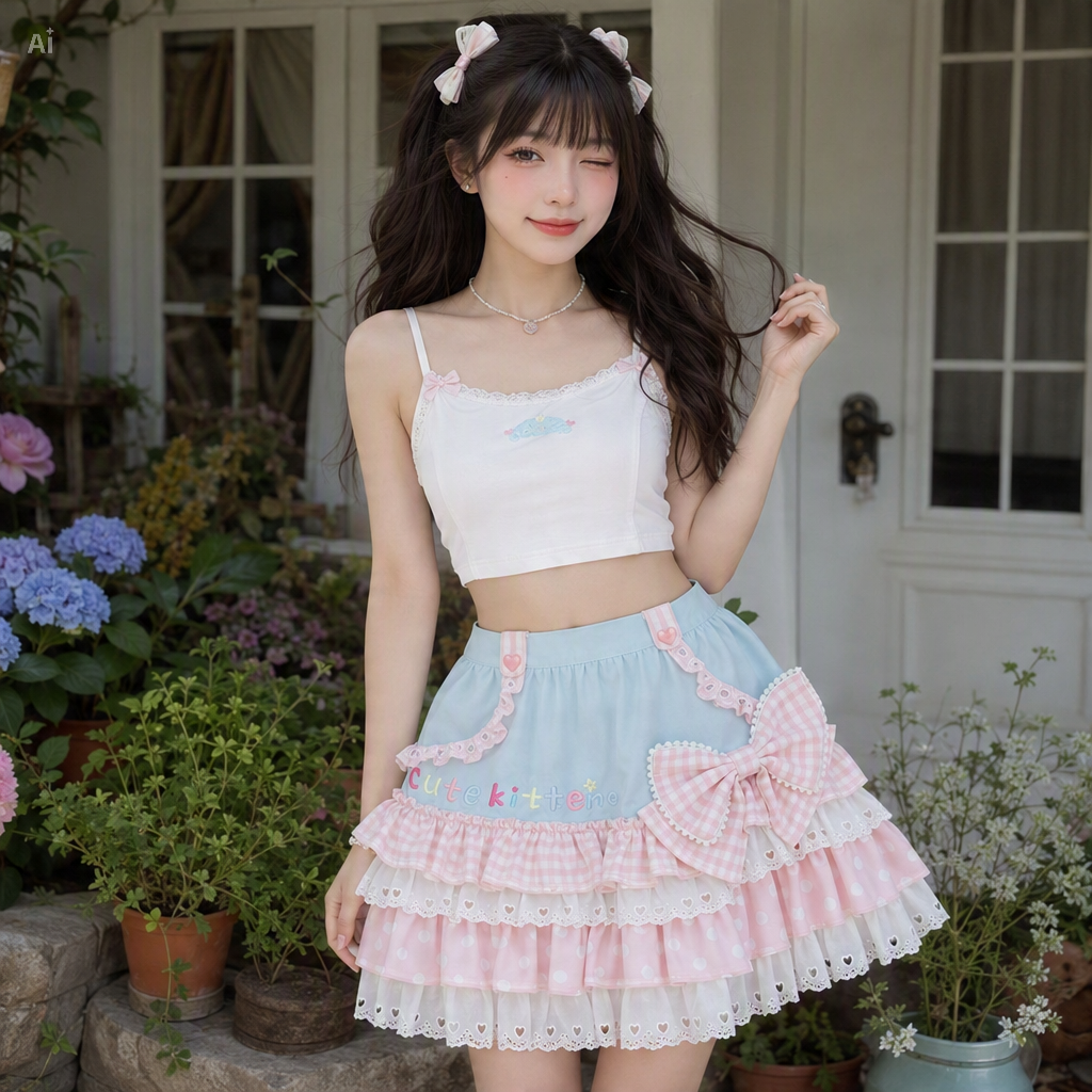 Blue Pink Harajuku Ruffle Skirt | Kawaii A-Line Mini Skirt