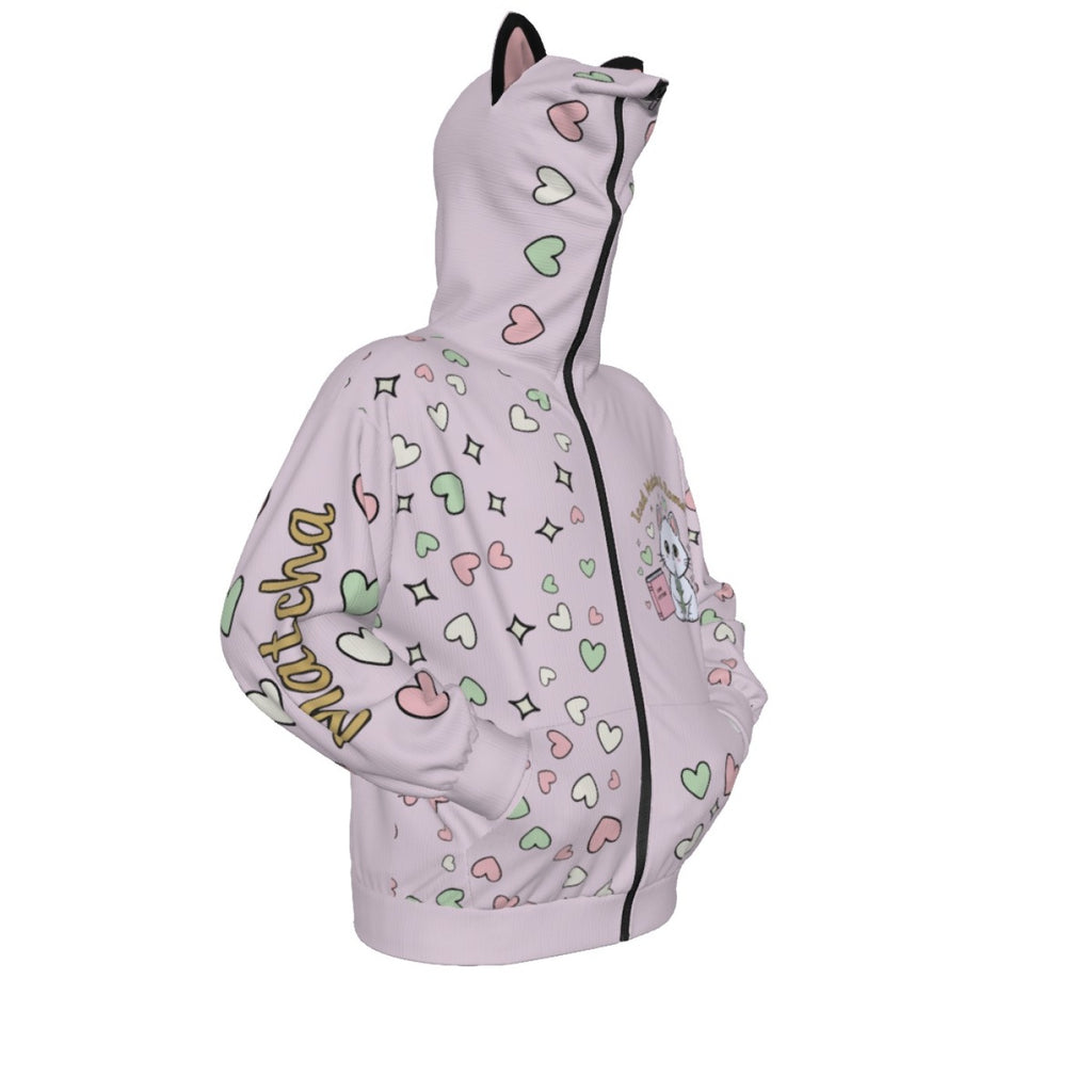 Matcha Reading Cat Ear Zip-Up Hoodie