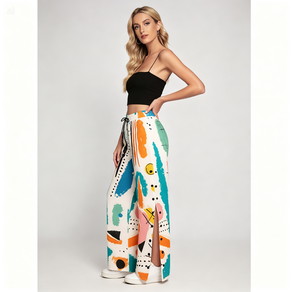 Abstract Side Slit Palazzo Pants – Colorful Wide Leg Snap Button Trousers