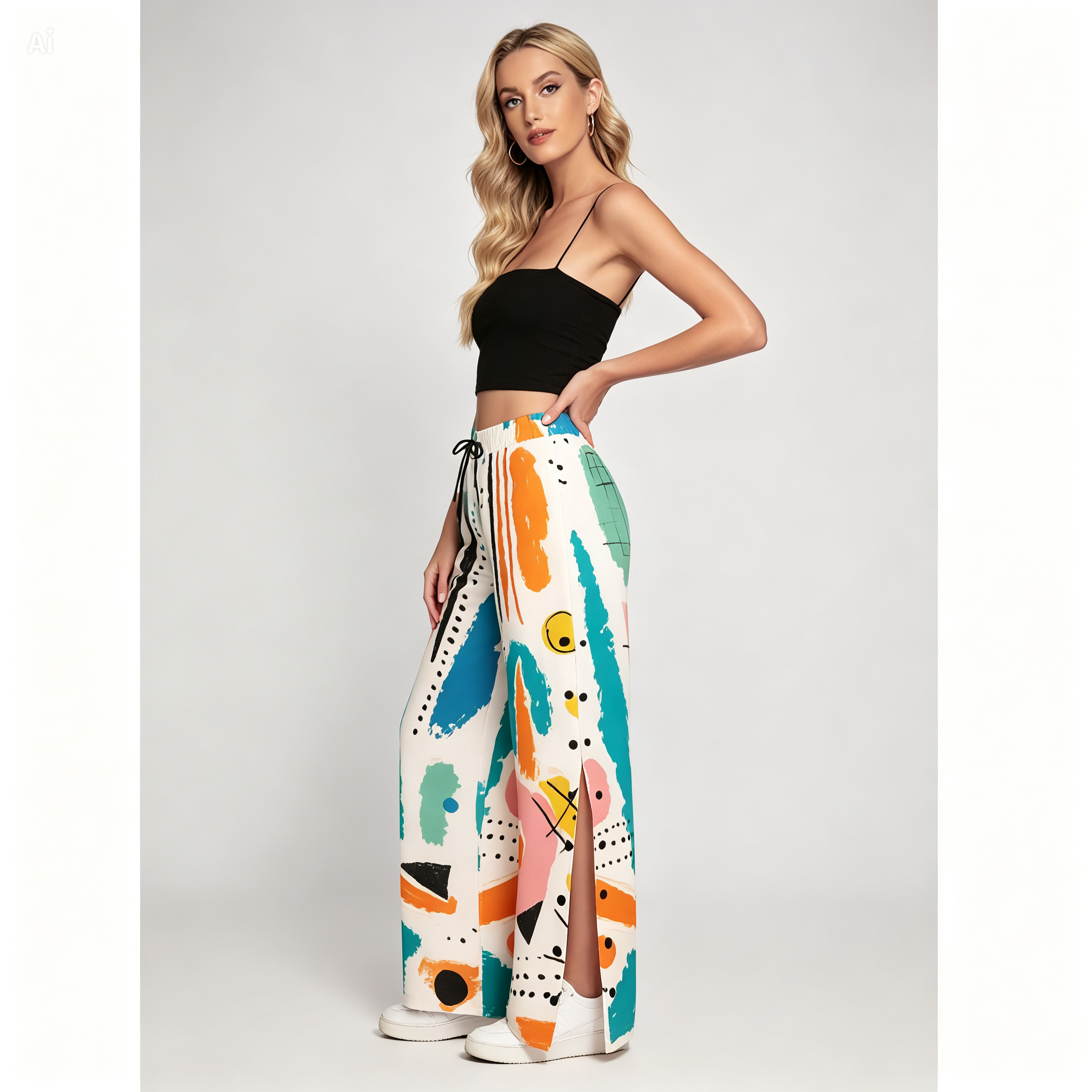 Abstract Side Slit Palazzo Pants – Colorful Wide Leg Snap Button Trousers