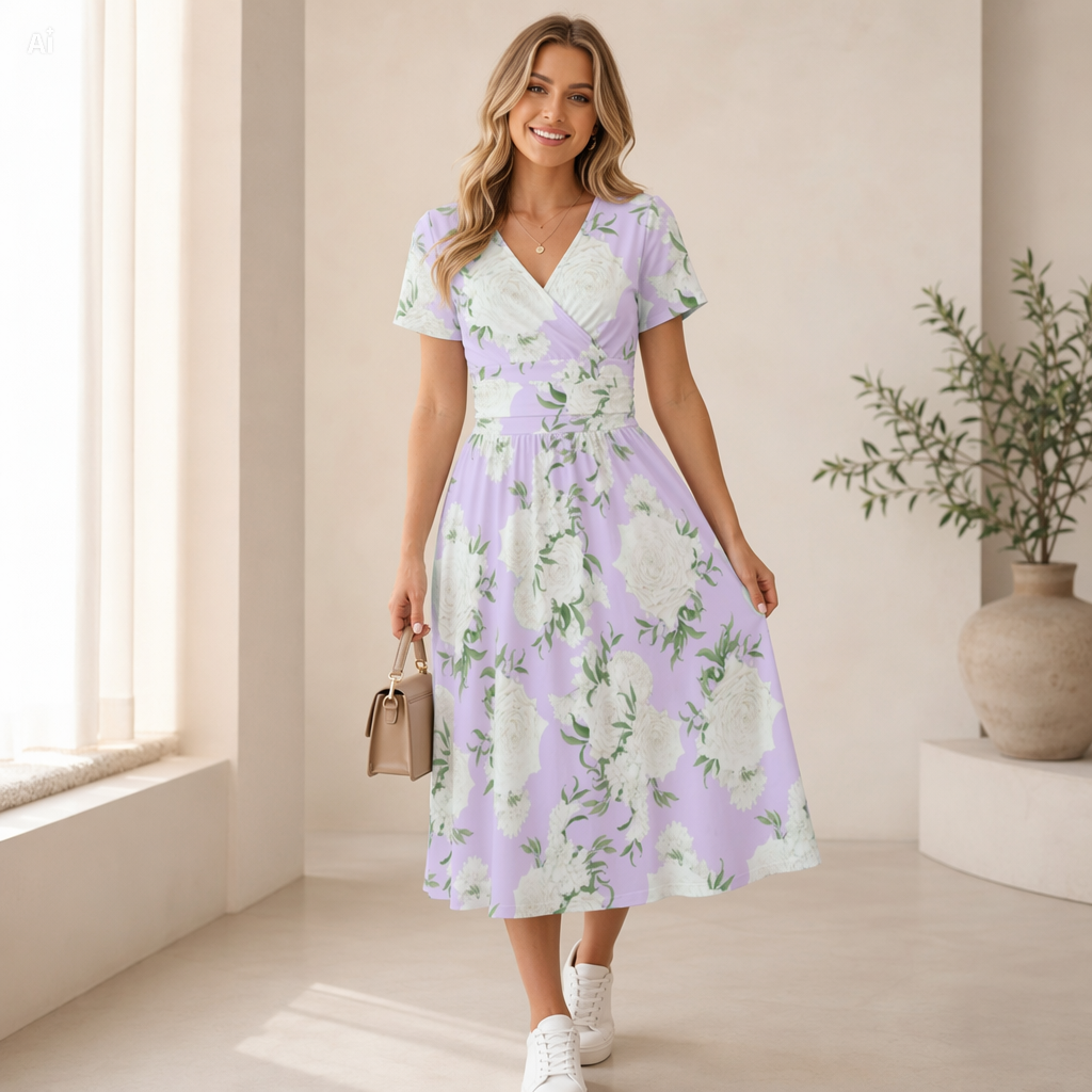 Lavender Floral V-Neck Midi Dress
