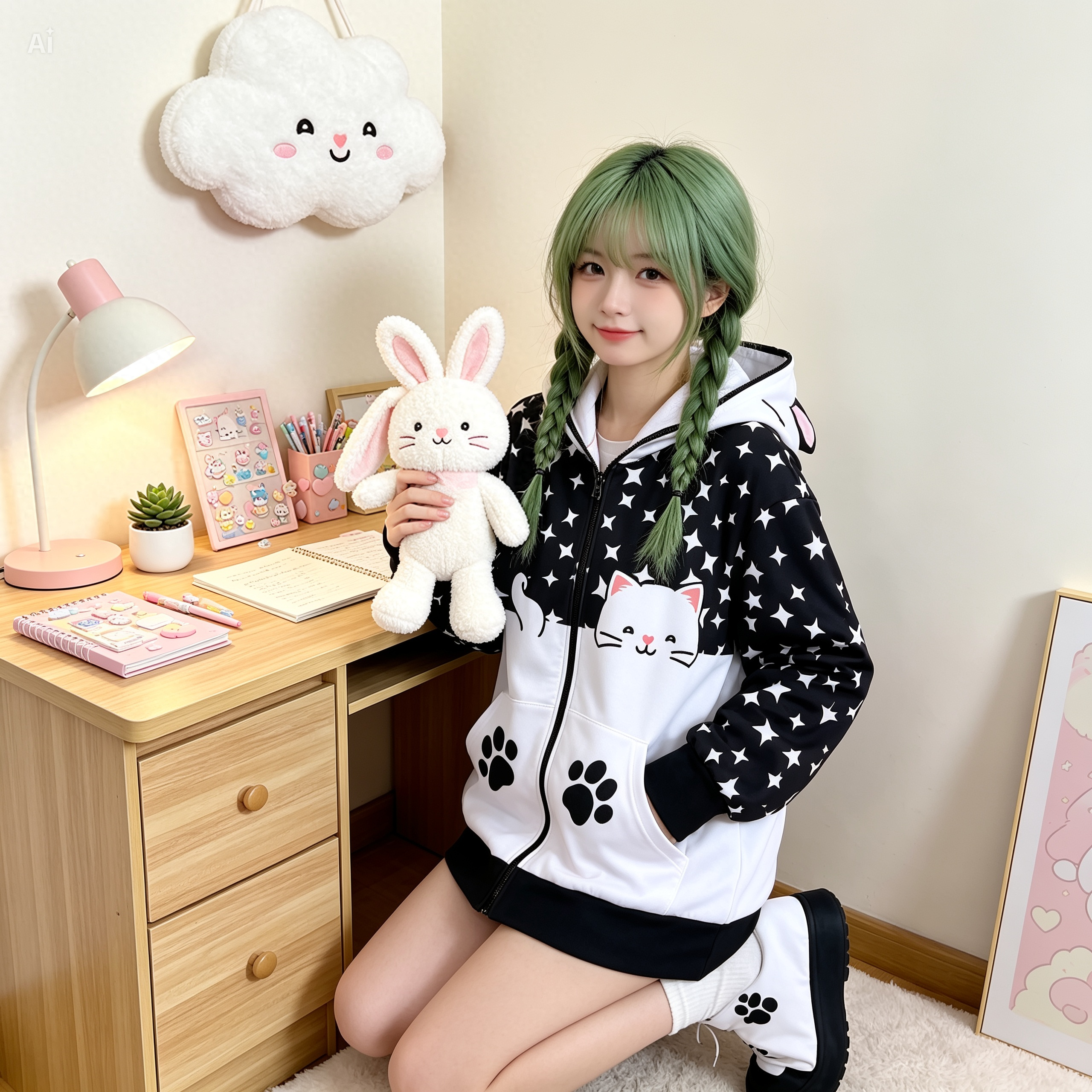 Cat Ear Zip Hoodie – Kawaii Star Print Jacket with Paw Pockets
