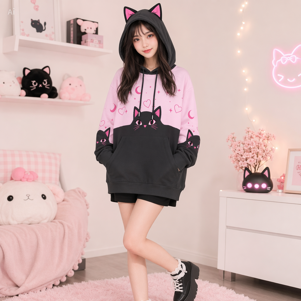 Pastel Pink Black Cat Ear Hoodie