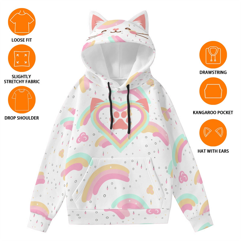 Kawaii Heaven Women's Cat Ear Hoodie with Rainbow Heart Paw Print