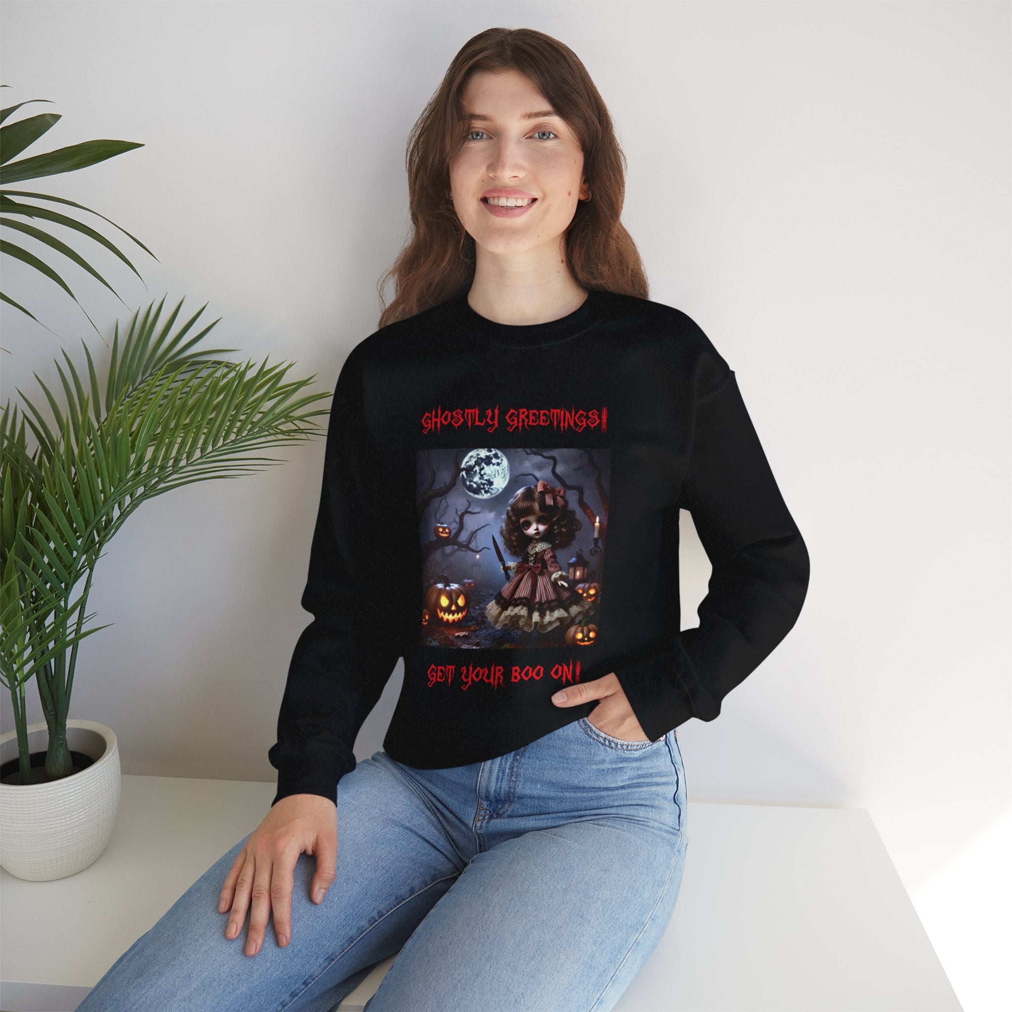 Halloween Doll With a Mix of Scary and Sweet Unisex Heavy Blend™ Crewneck Sweatshirt
