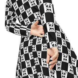 Pandas Chessboard Dance Dress, Women's Long Sleeve, Panda Lover Gift, Cute Animal Outfit, Black and White Costume, Fun Chessboard Design