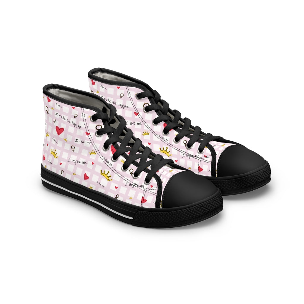 Cozy Hearts & Crowns High Top Sneakers for Women - Cute Heart Patterned Sneaker Shoes, Comfy Crown Design, Best Gift for Her, Trendy Casual