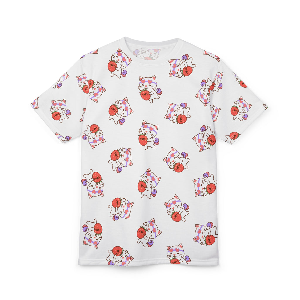 Cute Cat with Strawberry I Love you T-Shirt, Funny Cat Lover Tee, Graphic Cat Shirt, Kawaii Kitty Top, Cat and Fruit Design