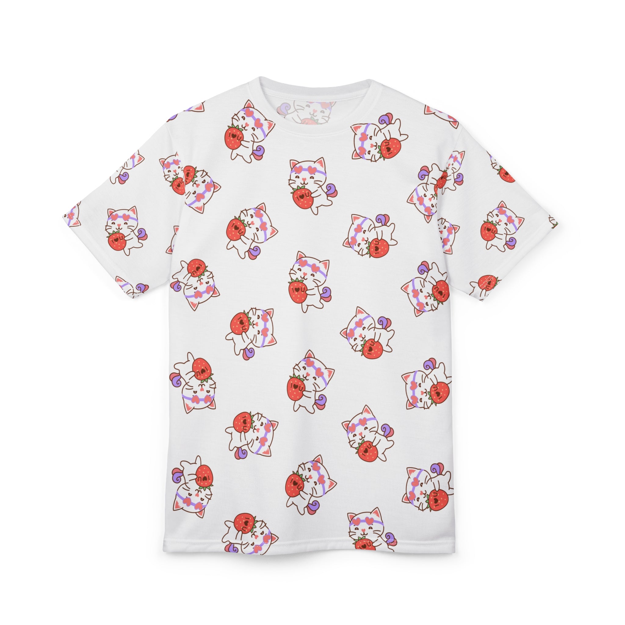 Cute Cat with Strawberry I Love you T-Shirt, Funny Cat Lover Tee, Graphic Cat Shirt, Kawaii Kitty Top, Cat and Fruit Design