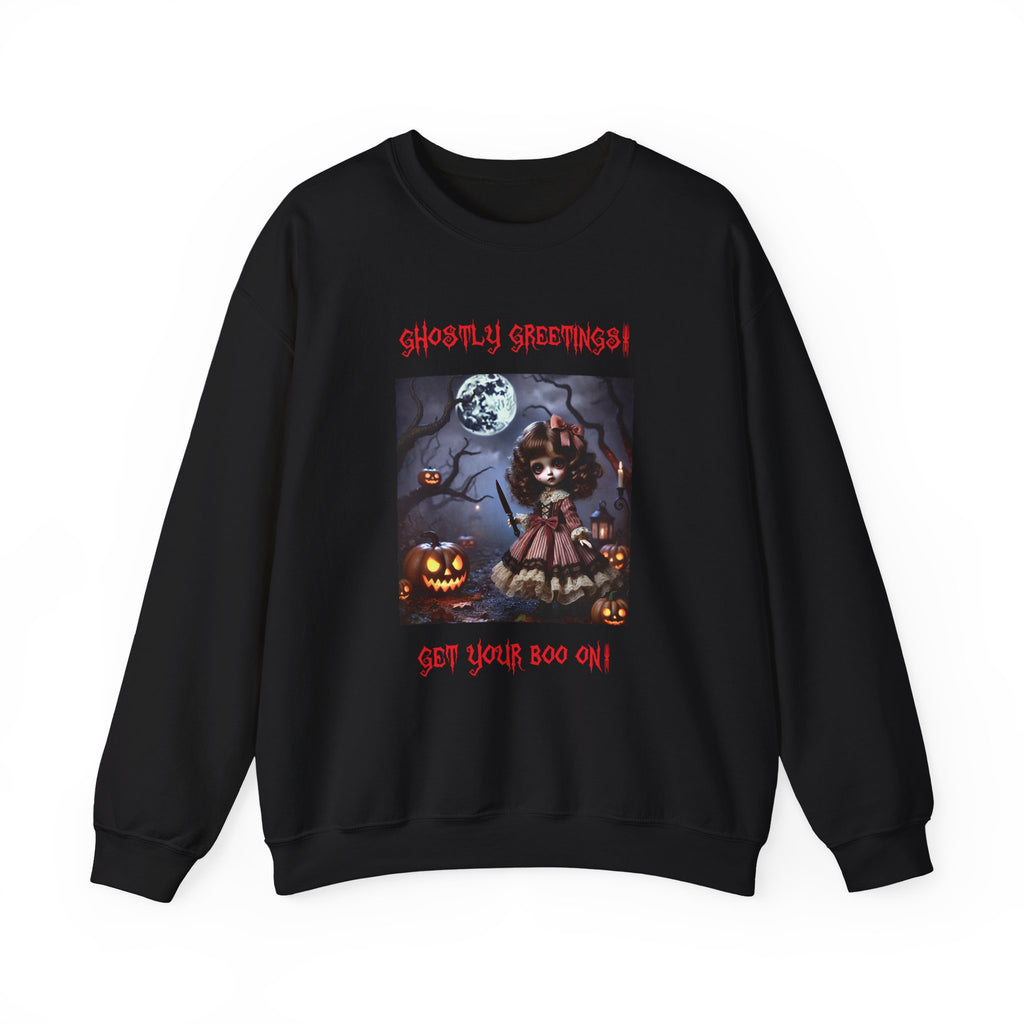 Halloween Doll With a Mix of Scary and Sweet Unisex Heavy Blend™ Crewneck Sweatshirt