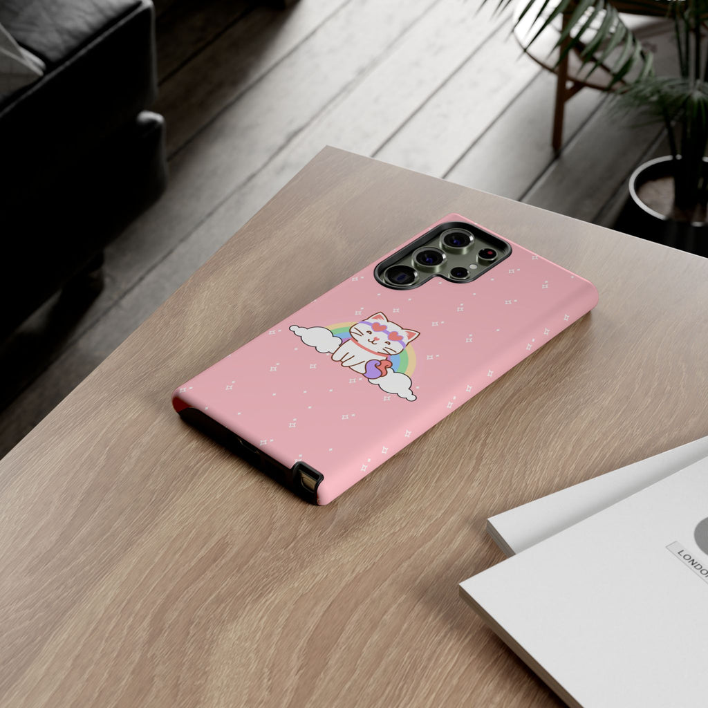 Kawaii Cat Rainbow Tough Cases, Cute Kitty Phone Cover, Protective Phone Case, Adorable Cat Lover Gift, Fun Rainbow Cat Phone Accessories