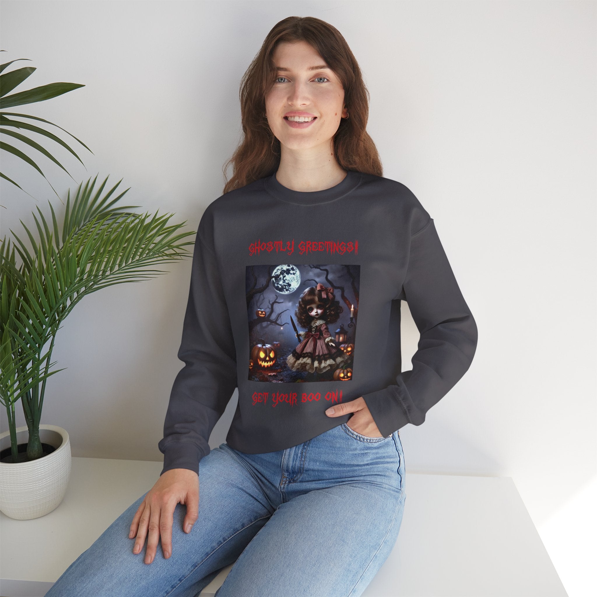 Halloween Doll With a Mix of Scary and Sweet Unisex Heavy Blend™ Crewneck Sweatshirt
