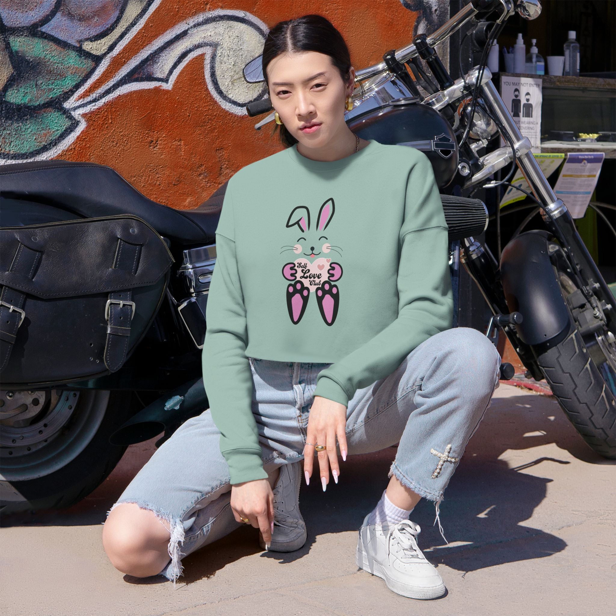 Self Love Club Kawaii Rabbit Face Sweatshirt, Women's Crop Top Jumper, Cute Bunny Pullover, Japanese Style Sweater, Gift for Her