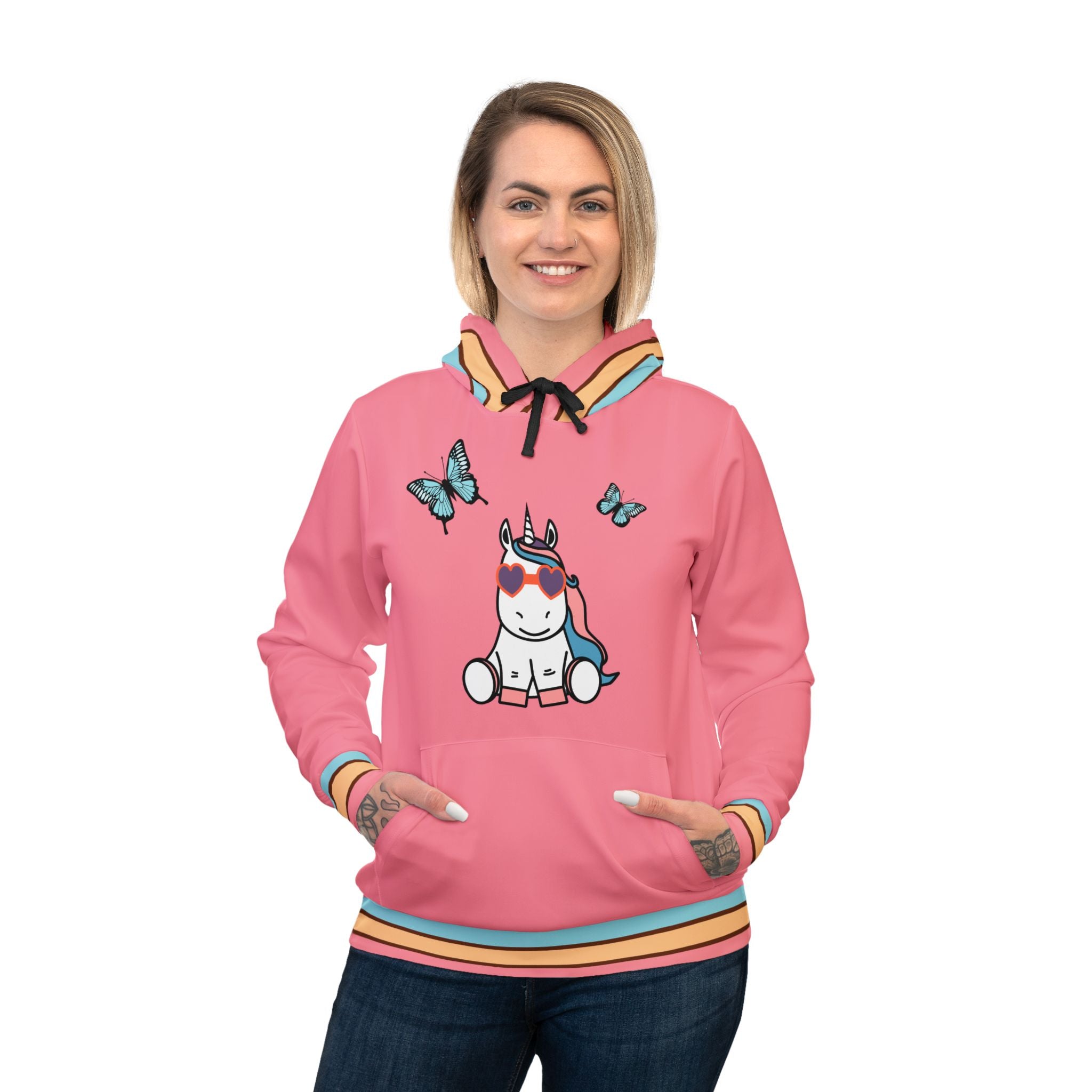 Kawaii Unicorn with Butterflies Pink Athletic Hoodie - Cute Unicorn Sweatshirt, Magical Creatures Pullover, Fantasy Jacket, Fun Workout