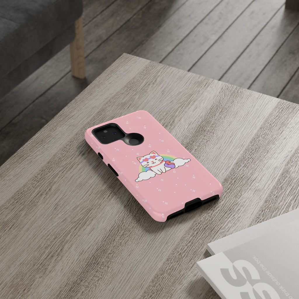 Kawaii Cat Rainbow Tough Cases, Cute Kitty Phone Cover, Protective Phone Case, Adorable Cat Lover Gift, Fun Rainbow Cat Phone Accessories