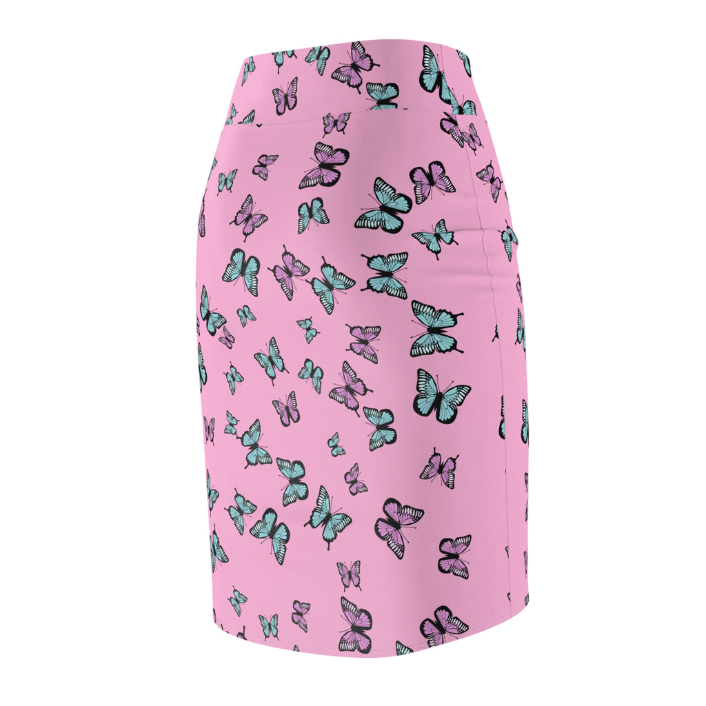 Butterfly Pattern Pink Women's Pencil Skirt, Floral Print Stretchy Knee Length Skirt, Fashionable Spring Summer Clothing, Cute Insect Theme