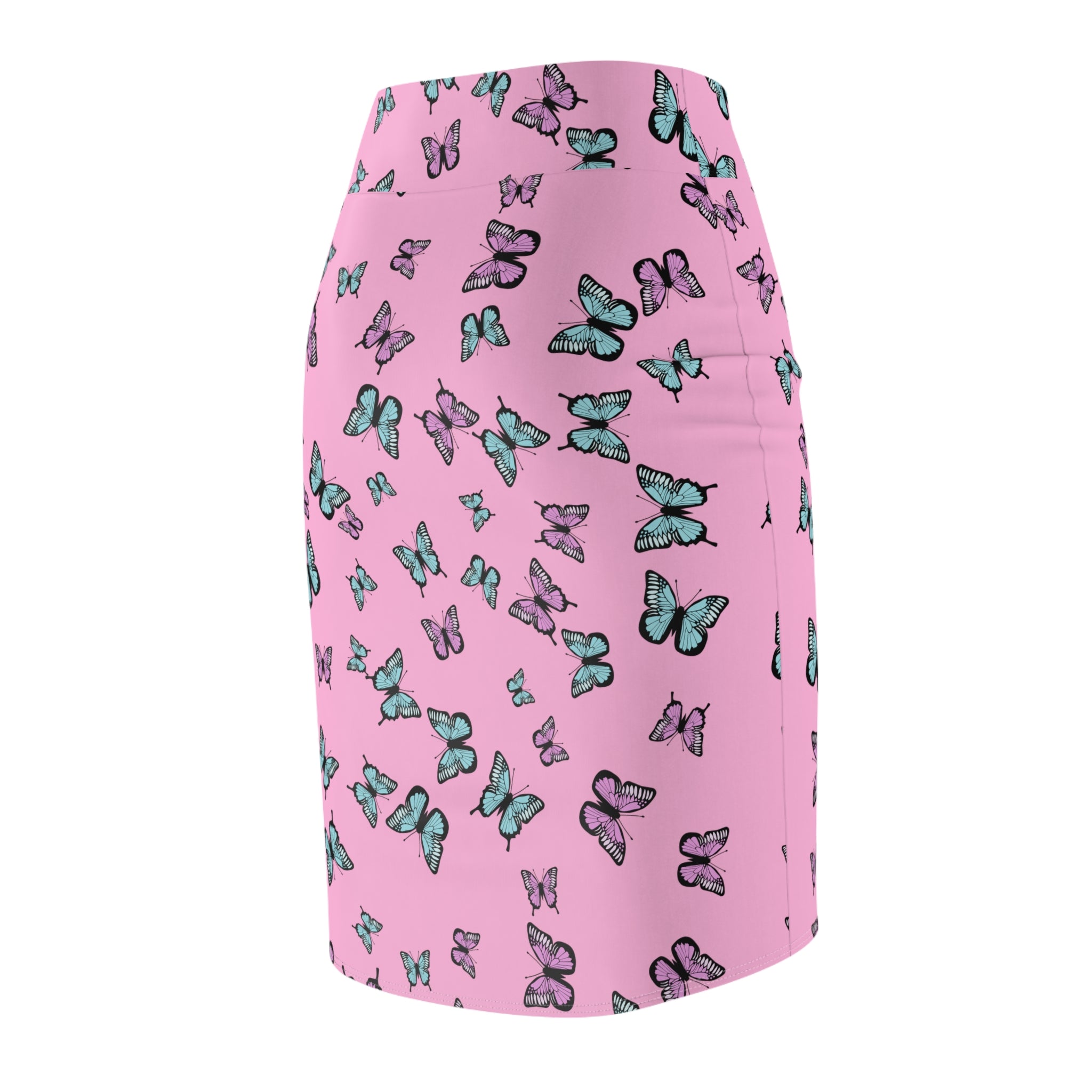 Butterfly Pattern Pink Women's Pencil Skirt, Floral Print Stretchy Knee Length Skirt, Fashionable Spring Summer Clothing, Cute Insect Theme