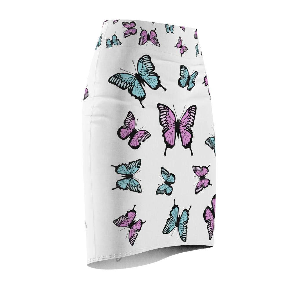 Butterfly Pattern Women's Pencil Skirt, White Background, Stylish Fashion, Trendy Apparel, Office Wear, Gift for Her